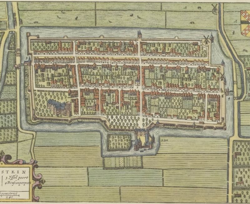 Getekende plattegrond van IJsselstein, met gebouwen en bomen.