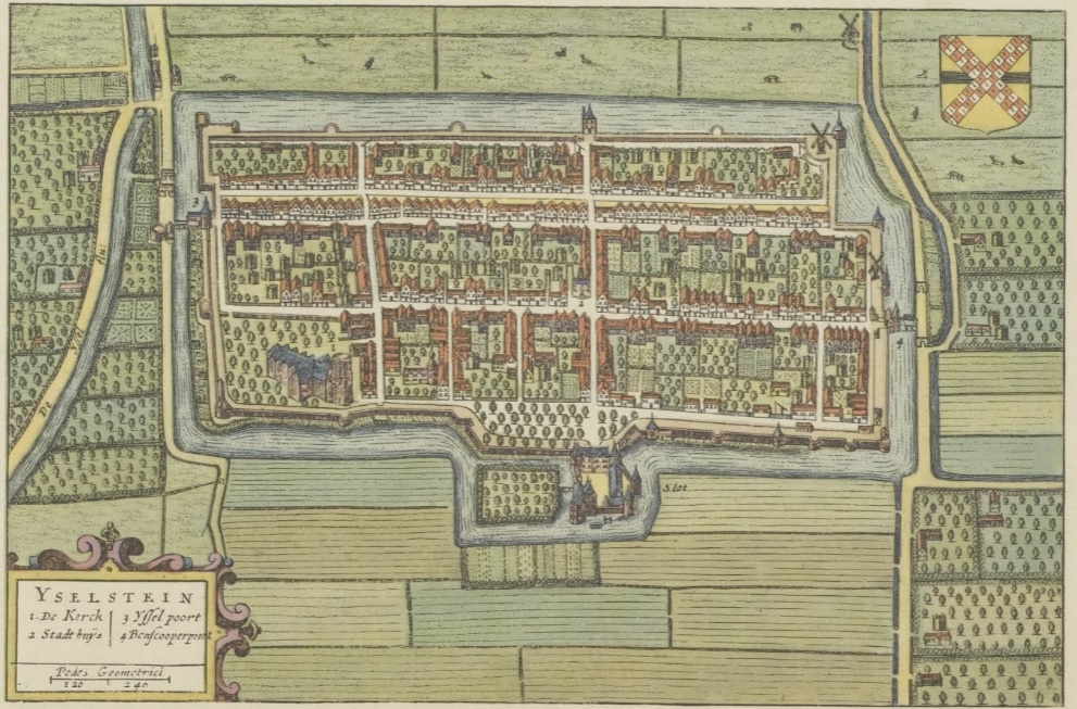 Getekende plattegrond van IJsselstein, met gebouwen en bomen.