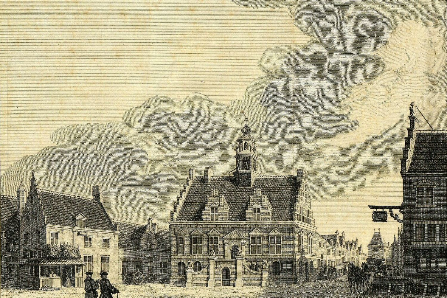 Gravure van het stadhuis van IJsselstein, gebouwd in renaissancestijl. Het gebouw heeft trapgevels en in het midden een toren. Aan de voorkant is een bordes met aan beide kanten trappen. Op de voorgrond een plein met twee staande personen. Links en rechts zijn andere huizen te zien en rechts twee paarden voor een wagen.